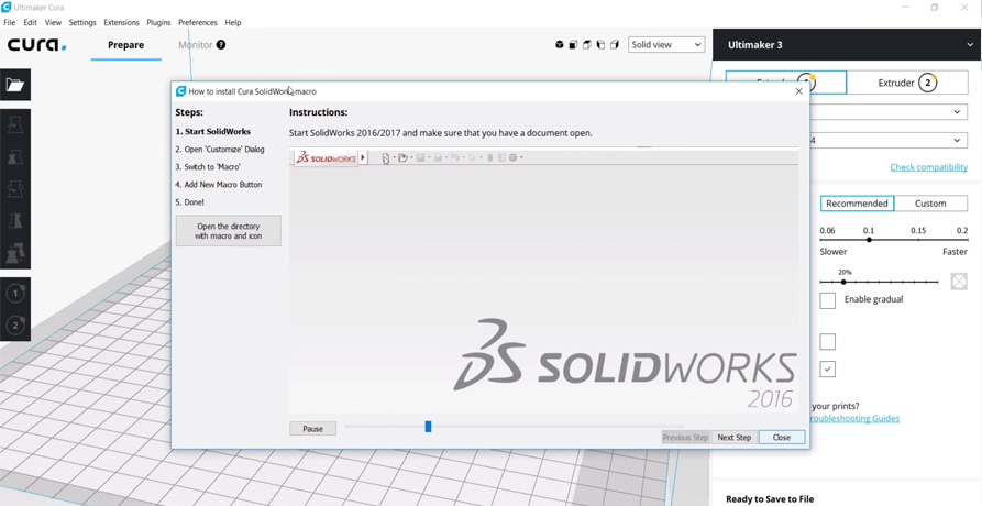 Intégration du plugin SolidWorks sur Ultimaker Cura